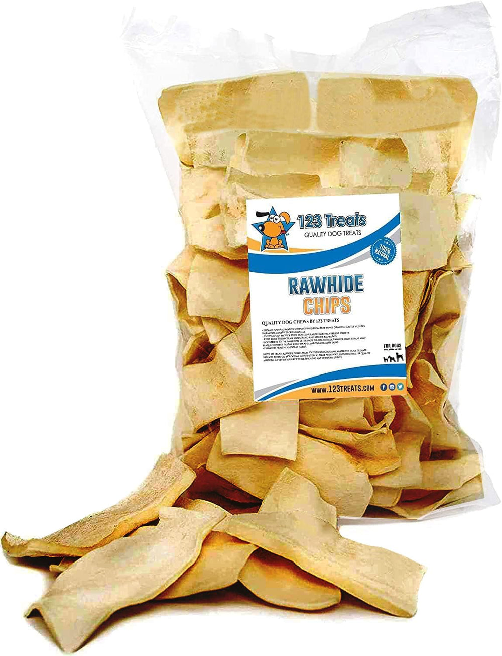 Empaque de 123 Treats chips piel cruda natural ahumado, práctico para casa.