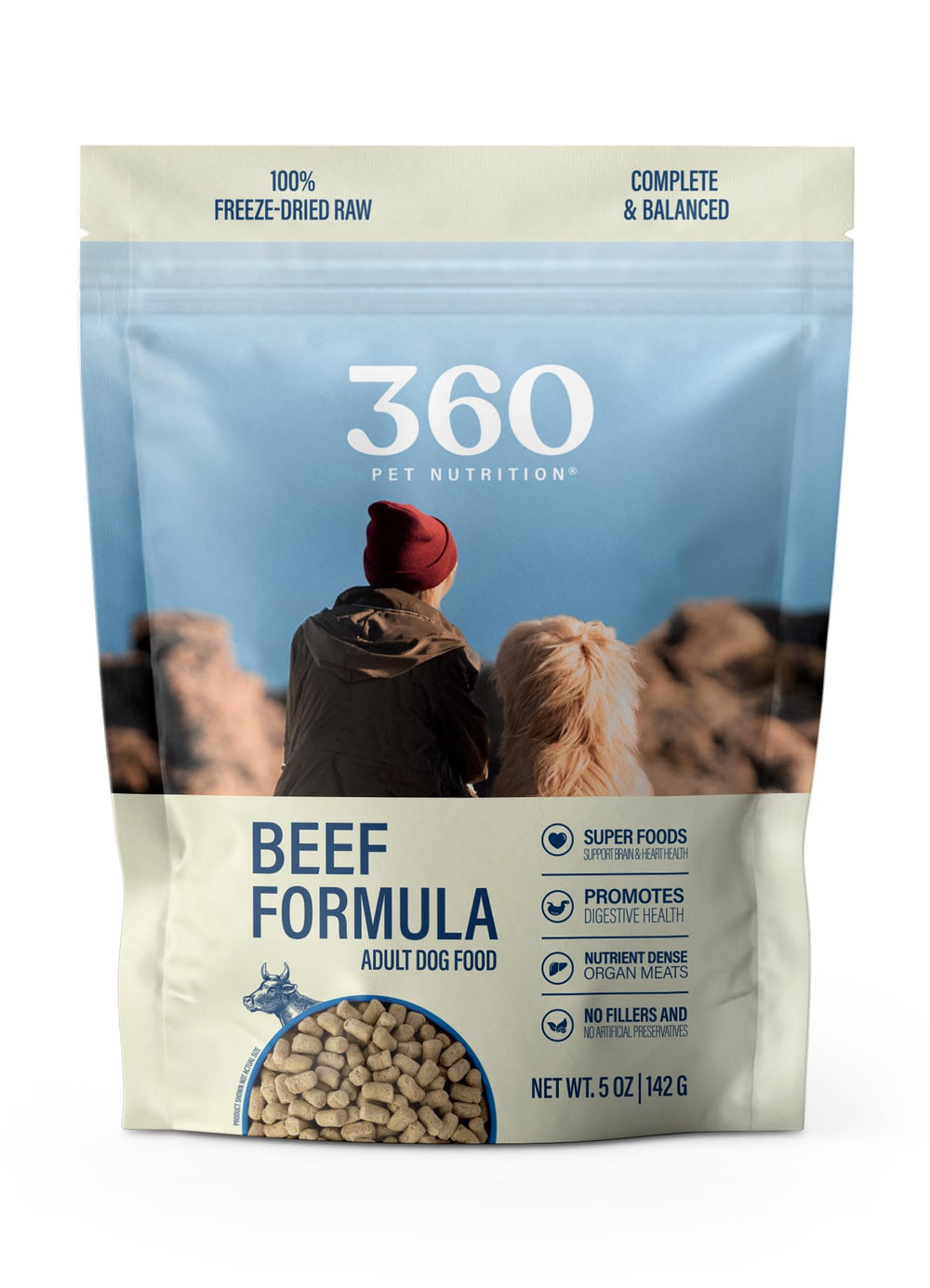 La bolsa de 360 Pet Nutrition muestra res con hígado y órganos para alta proteína.