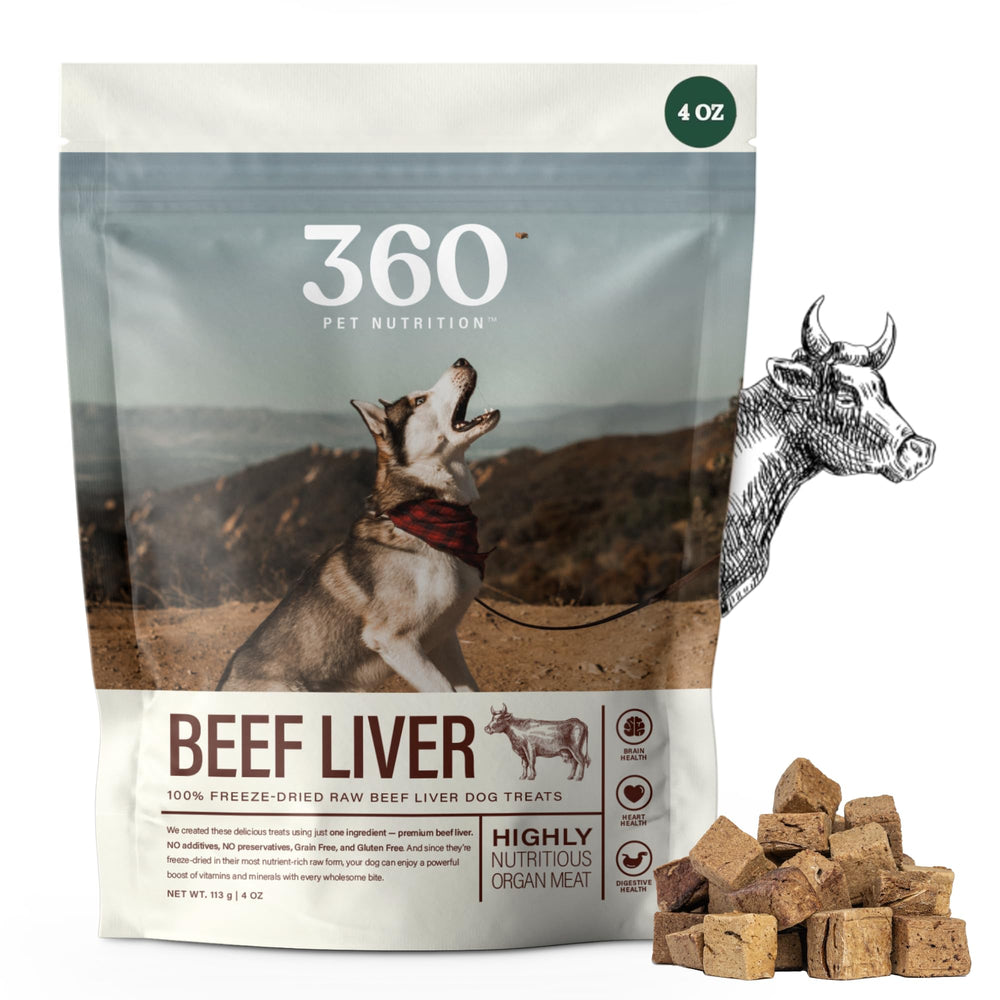 360 Pet Nutrition: frontal de hígado deshidratado, snack proteico para perros.