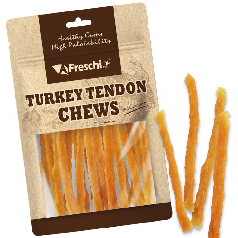Tendones de pavo para perros de A Freschi srl en paquete de 3-5 oz, perfecto para entrenamiento.