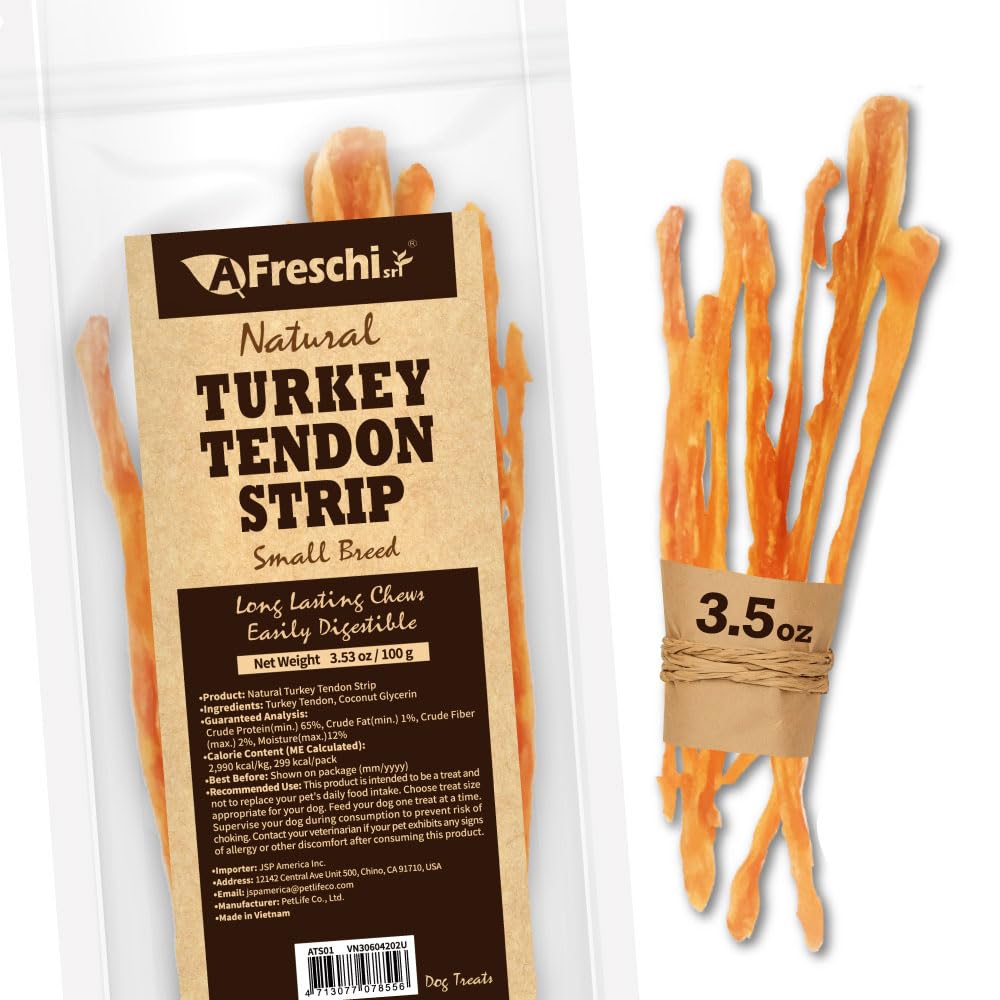 A Freschi srl tendones de pavo para perros, empaque práctico para snack.
