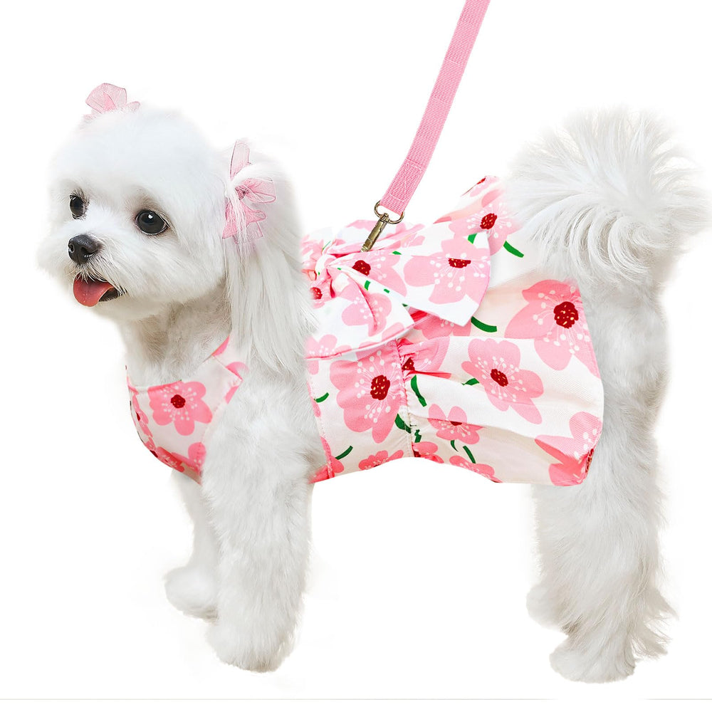abrrlo vestido perrito rosa floral con lazo, ideal para fotos y ocasiones especiales.