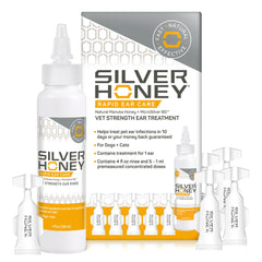 Absorbine Silver Honey limpiador de oídos en botella para perros y gatos, uso recomendado.
