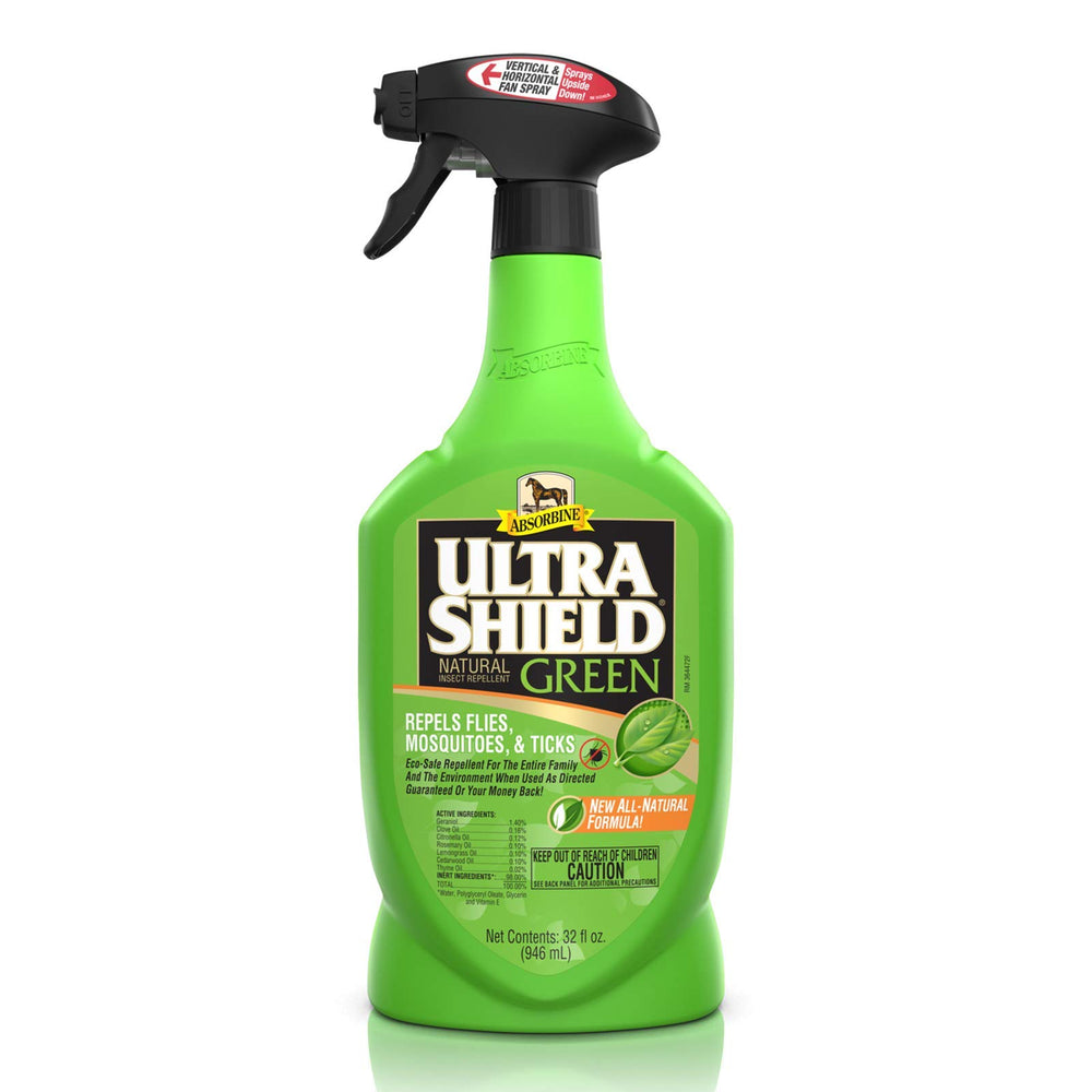Absorbine UltraShield Green, botella-atomizador para aplicación en caballos y perros con protección natural.