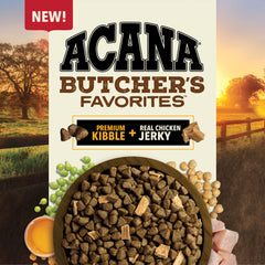 ACANA Butcher’s Favorites, kibble y jerky de pollo real, sabor para perros.
