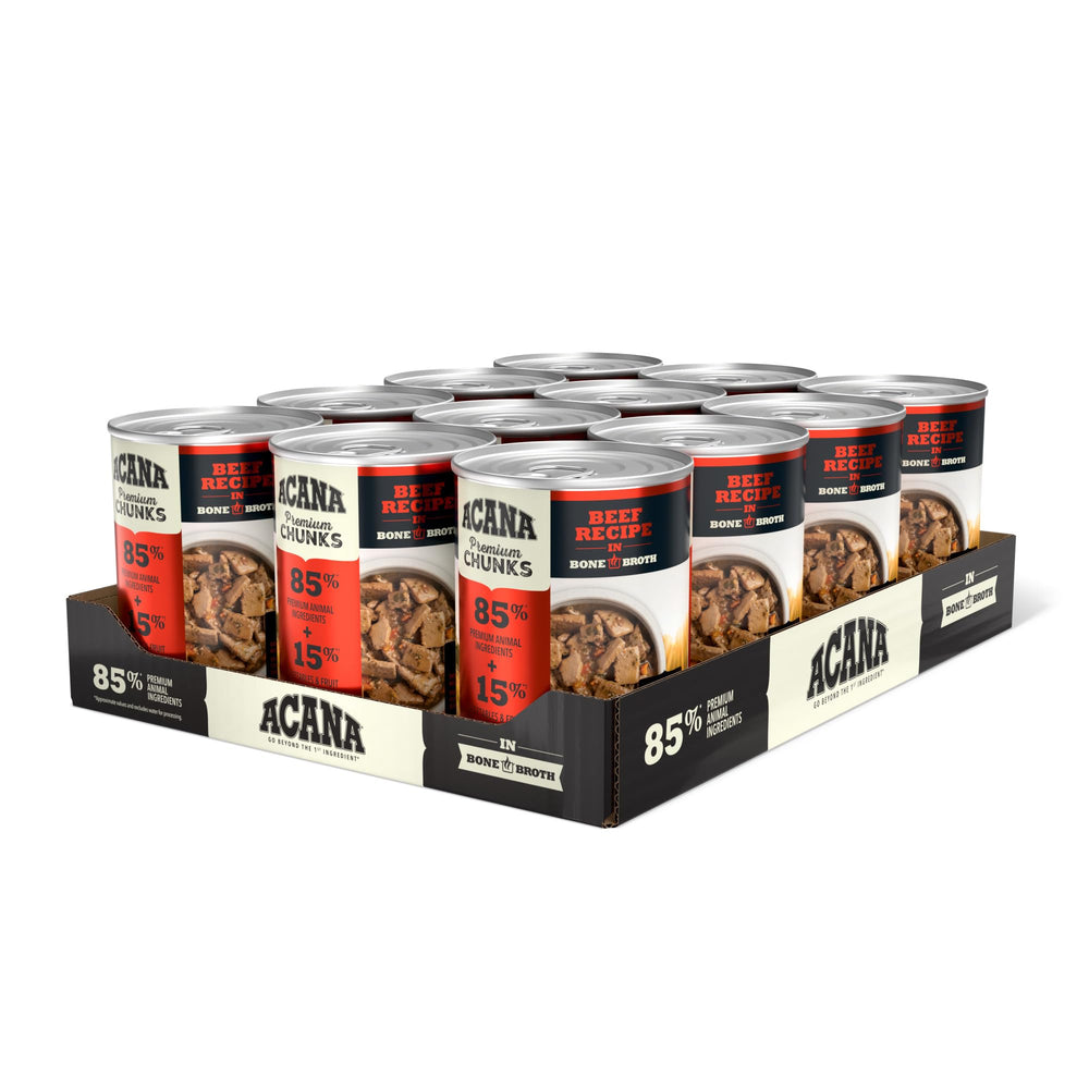 ACANA Premium Chunks Beef Recipe en Caldo Óseo, lata de 12.8 oz para mayor hidratación.