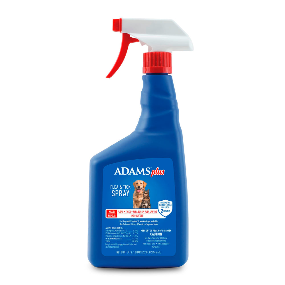 ADAMS Plus Spray para pulgas y garrapatas en perros y gatos, acción rápida.