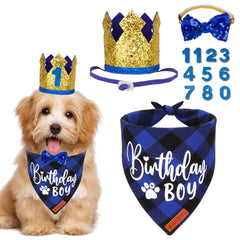 ADOGGYGO Bandana para perro en azul a cuadros, perfecta para fotos de cumpleaños