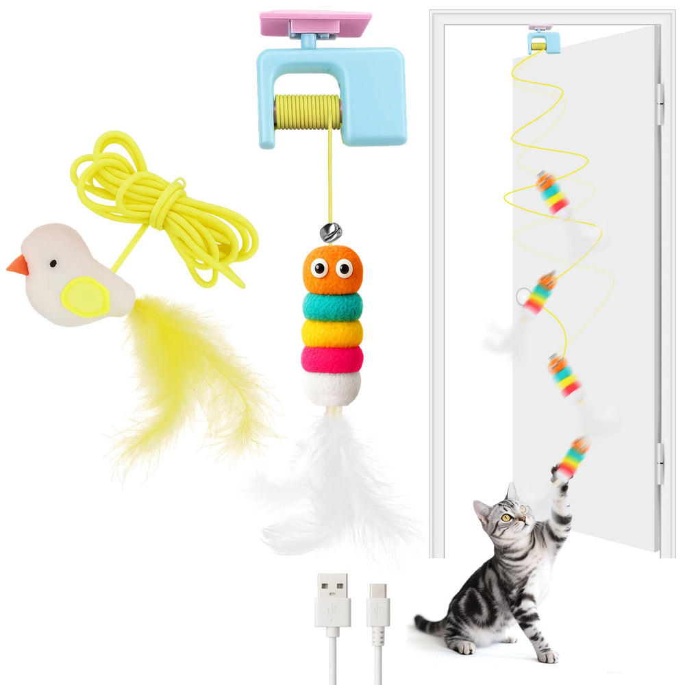 AIERSA juguete interactivo para gatos colgante azul, estimula la caza lúdica en puertas.