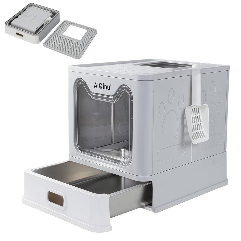 AiQInu caja arenero acero inoxidable con tapa, higiene duradera para gatos.