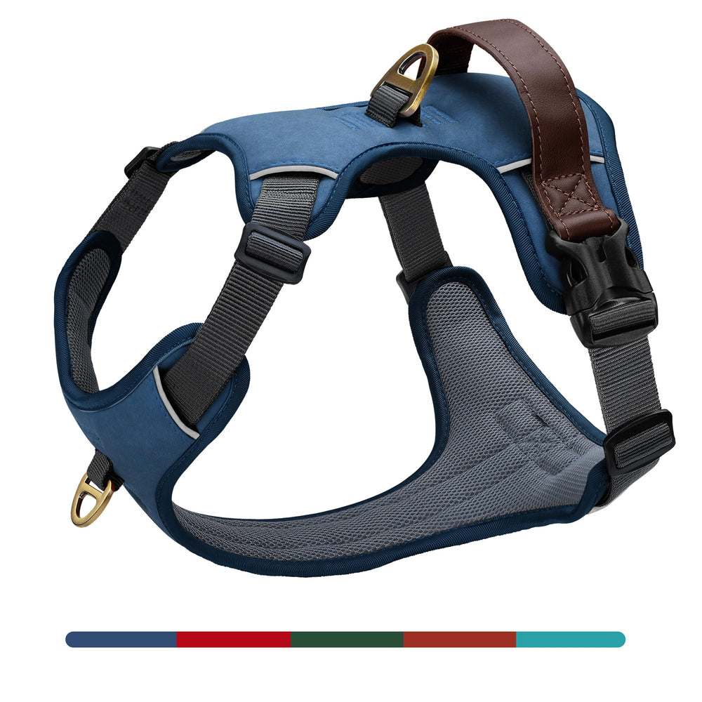 AKAILEA arnés sin tirones con clip frontal azul para paseos controlados.