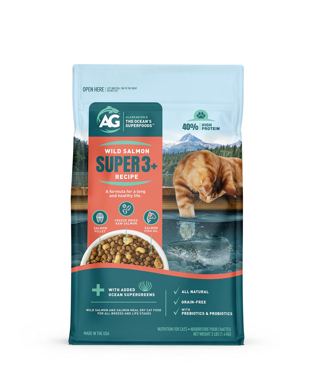 Alaskan Gold SUPER3+ salmón liofilizado croquetas para nutrición alta.