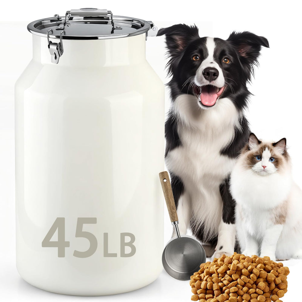 Contenedor Aloxina para mascotas, 45 libras, acero inoxidable, mantiene alimento organizado.