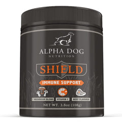 Shield Allergy de Alpha Dog Nutrition, botella frontal, apoya la inmunidad en perros pequeños.