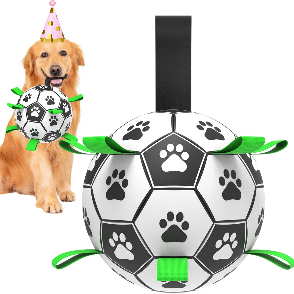 Amasiver bola de fútbol para perros con cintas, ideal para perseguir y jugar.