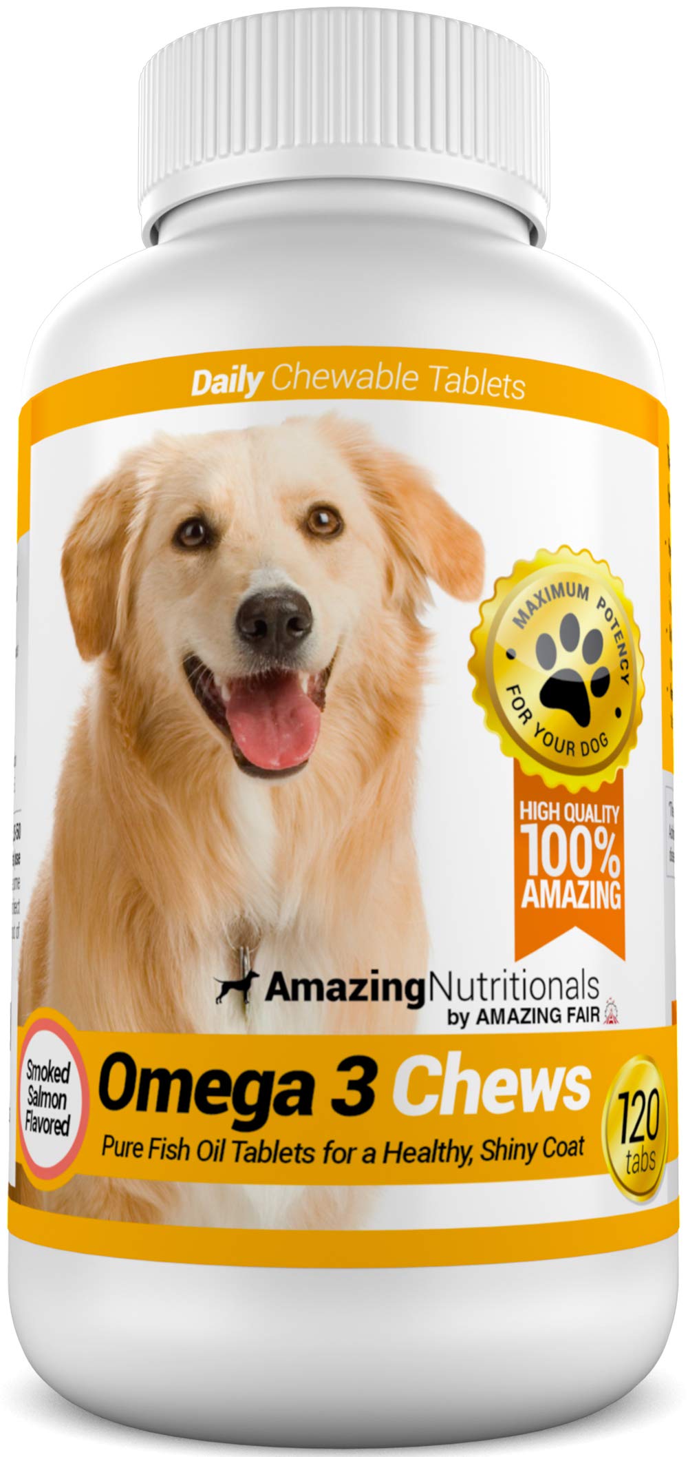 Omega 3 de Amazing Nutritionals para perros, bocadillos sabor salmón para piel sana y pelaje brillante.