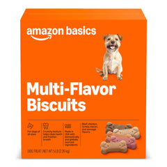 Amazon Basics galletas crujientes para perros, sabor multisabor, ideal para premios diarios.