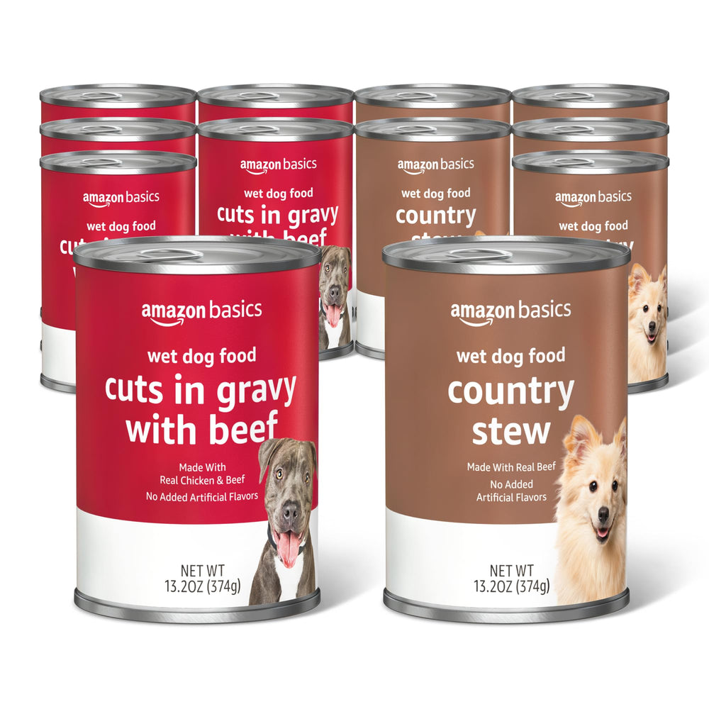 Amazon Basics lata de estofado para perros con trozos de res.