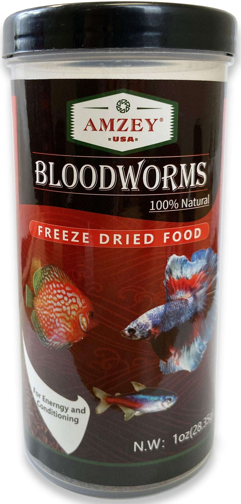 Amzey gusanos de sangre 1 onza liofilizados, alimento proteico para acuario que realza color y vitalidad.