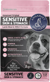 Alimento seco para perros Annamaet con piel sensible y estómago, promueve digestión suave.
