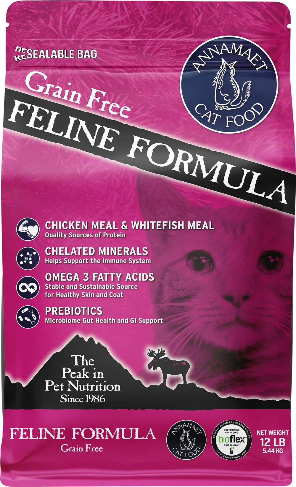 Annamaet alimento seco para gatos sin granos con pollo y pescado, bolsa de 12 lb.