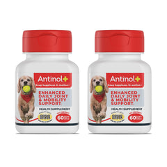 Antinol Plus: bote volcado para mostrar la dosificación diaria y movilidad canina.