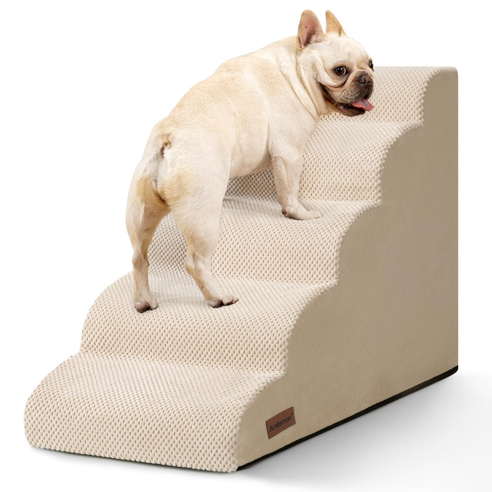 Aodisman escaleras para perro beige, cama alta, 5 pasos, ayuda a subir con seguridad.