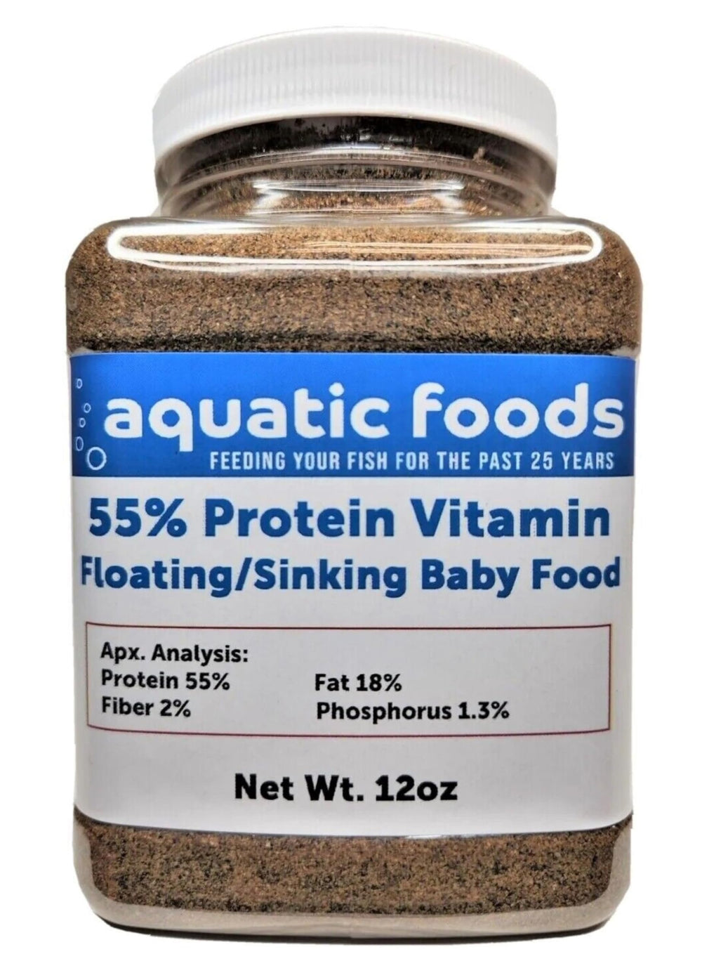 Alimento para alevinos de Aquatic Foods Inc. en frasco de 12 onzas, alto en proteína.