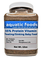 Alimento para alevinos de Aquatic Foods Inc. en frasco de 12 onzas, alto en proteína.