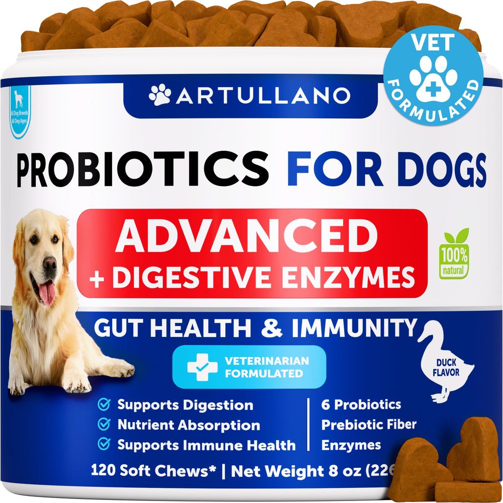 Artullano probióticos para perros: gomitas sabor pato, apoyo digestivo suave.
