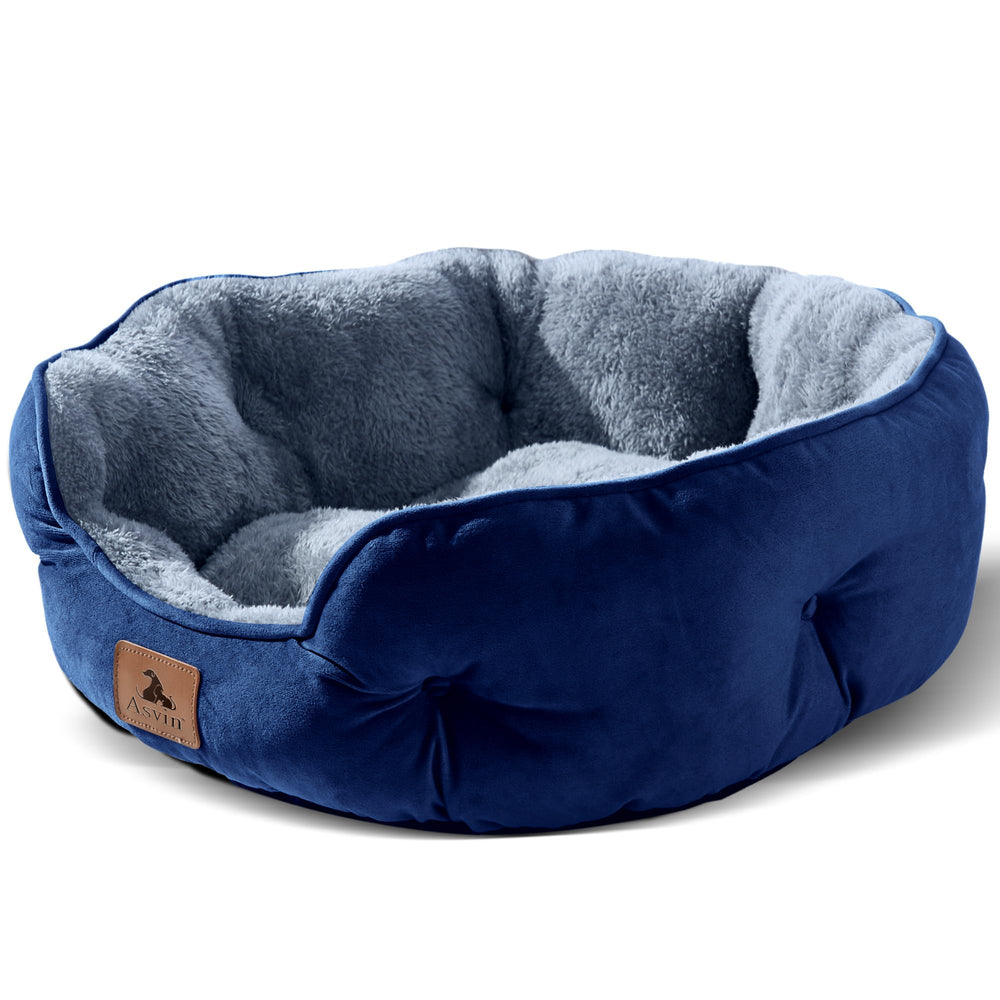 Cama Asvin para perros pequeños con sherpa azul, suave para siestas calmantes.