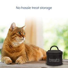 Contenedor negro con acabado esmaltado, perfecto para premios de mascotas en casa