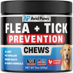Avid Paws: empaque de tabletas masticables para prevención de pulgas y garrapatas.