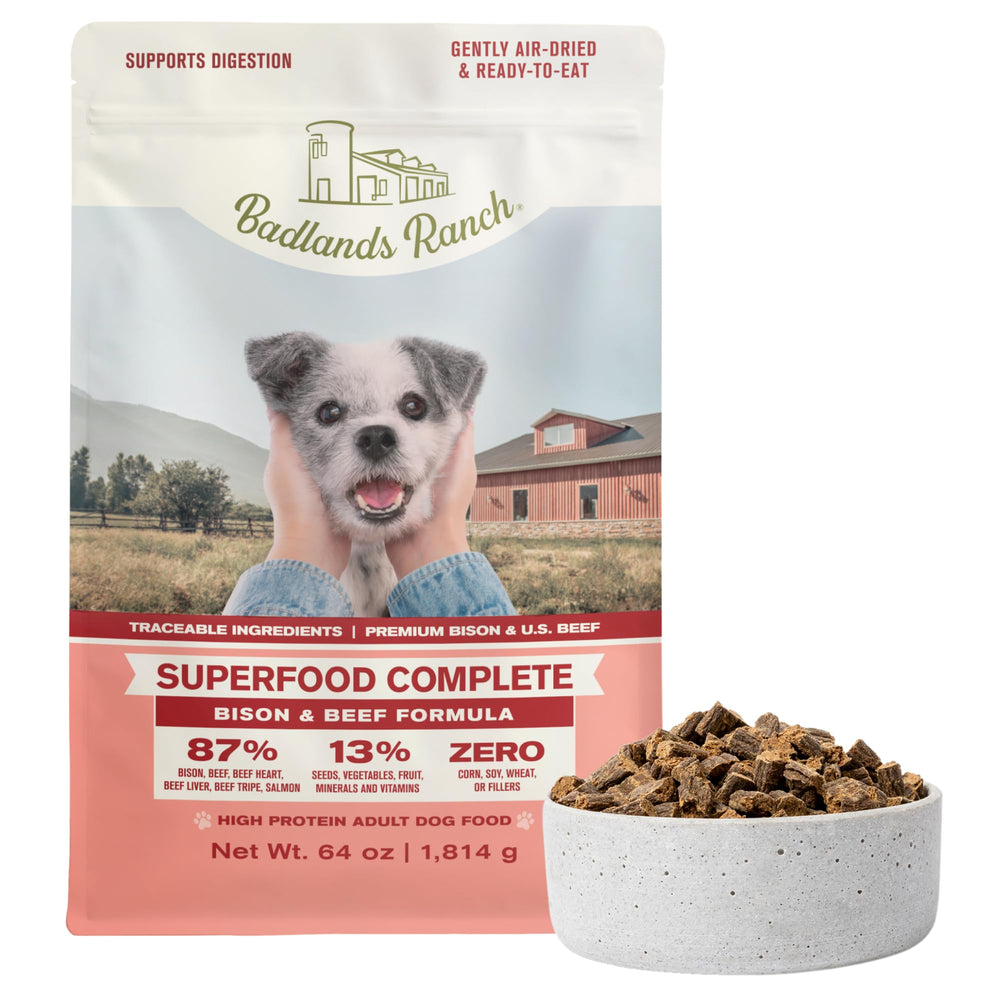 BADLANDS RANCH bolsa de alimento para perro con res y bisonte, secado al aire