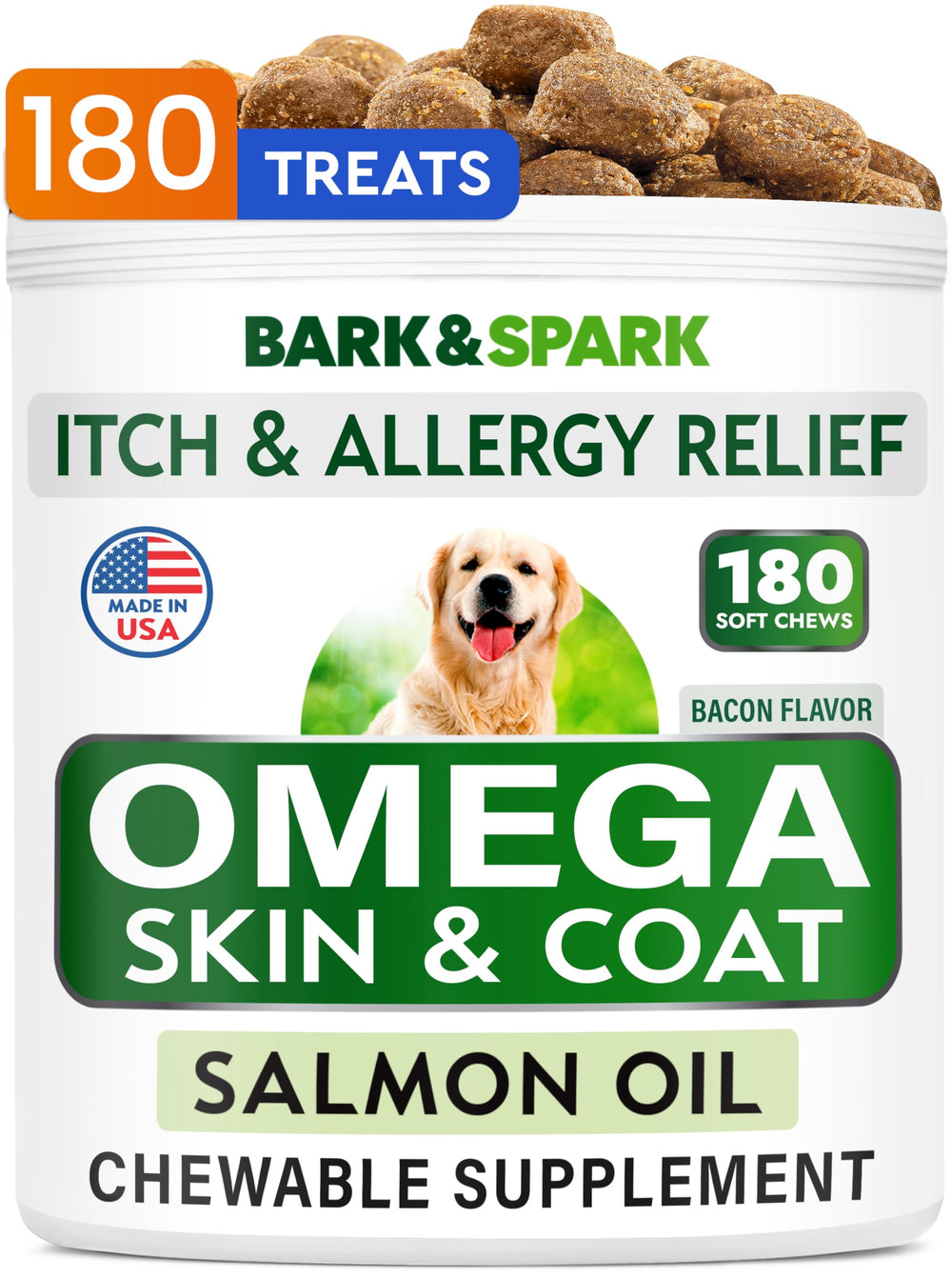 Golosinas omega-3 Bark Spark en frasco para piel y pelaje saludables