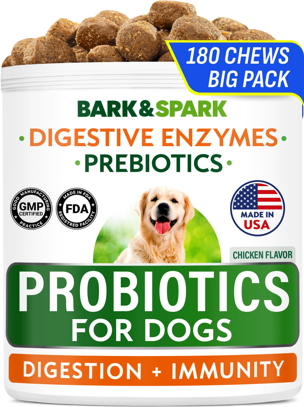 BARK&SPARK empaque de 180 masticables para cuidado digestivo diario.
