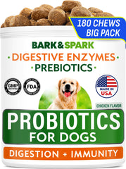 BARK&SPARK empaque de 180 masticables para cuidado digestivo diario.