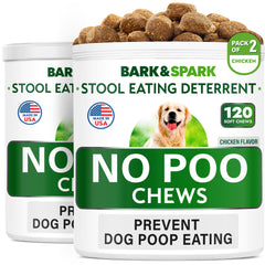 BARK&SPARK No Poo Treats, envase de dos frascos, conveniente para uso diario.