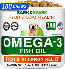 BARK&SPARK Omega-3 para perros y gatos, frasco abierto, favorece pelaje sano y piel.