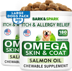 BARK&SPARK Omega 3 para perros, golosinas de aceite de salmón, sabor bacon.