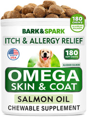 BARK&SPARK Omega-3 para perros, frasco masticables para un pelaje suave y saludable.