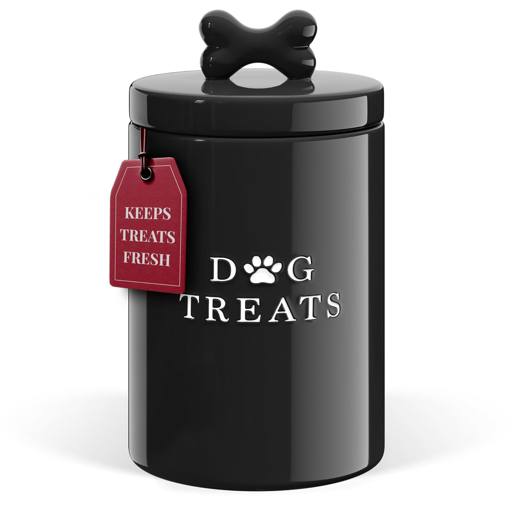 Barnyard Designs lata galletas para perro negra en encimera facilita almacenamiento