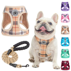Arnés BEAUTYZOO para perros pequeños, malla transpirable y diseño plaid beige, ideal para paseos diarios.
