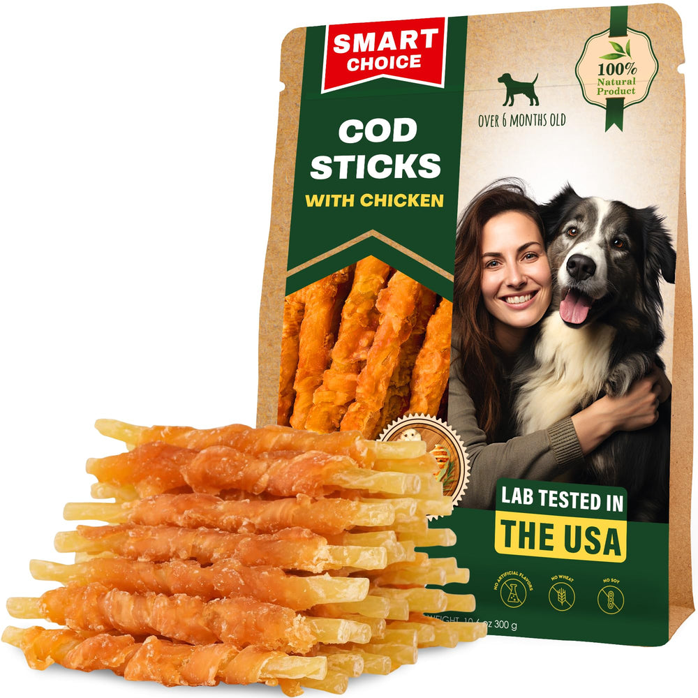 Golosinas Beloved Pets palitos de bacalao envueltos en pollo para perros, masticación duradera.