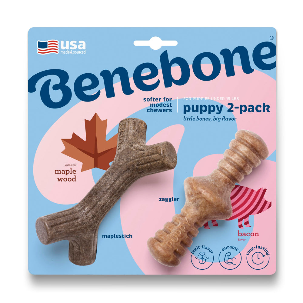 Benebone Puppy Maplestick Zaggler con madera de arce, duradero para mordidas suaves.