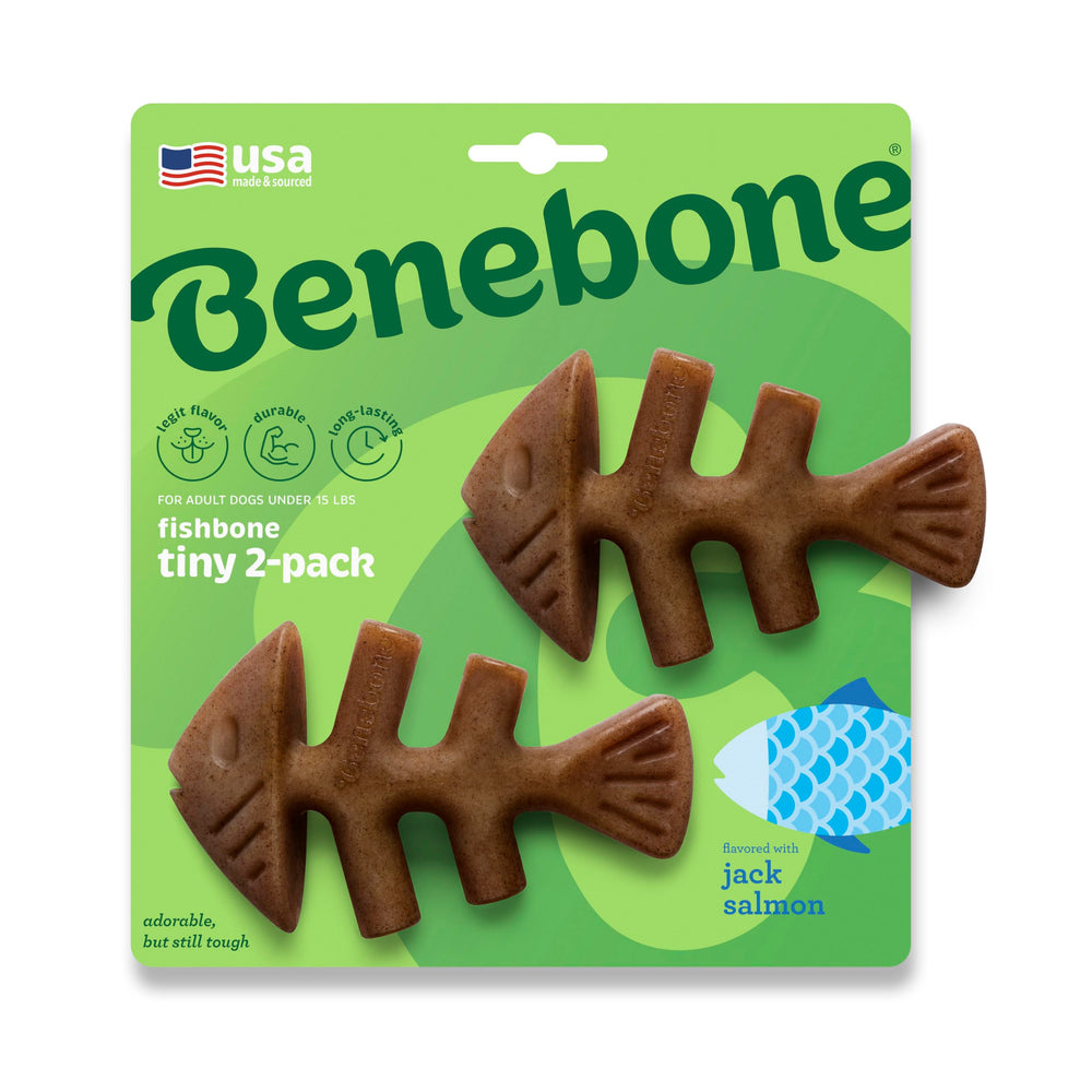Benebone Tiny 2-Pack, hueso de pescado duradero para masticar por más tiempo.
