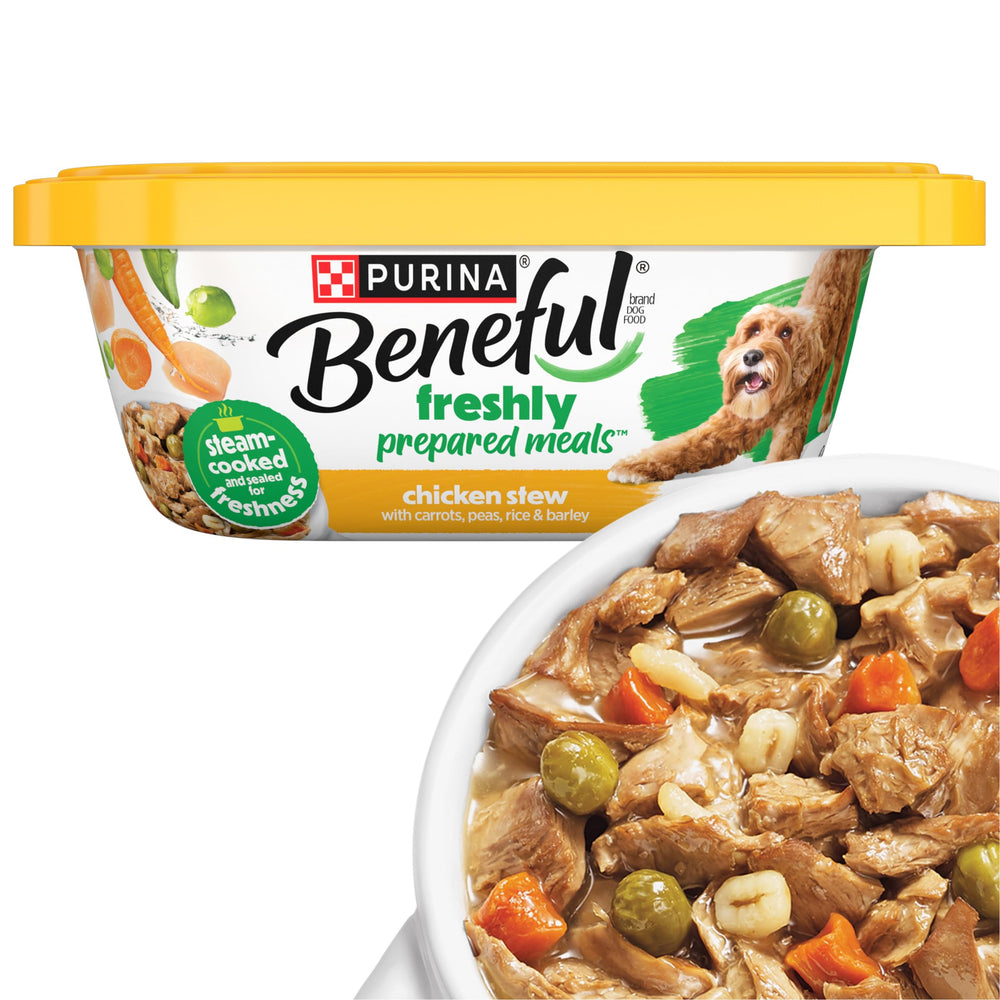 Beneful estofado de pollo con arroz y zanahorias: trozos jugosos para perros adultos.