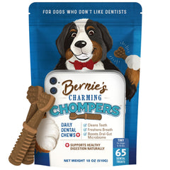 Bernie's Charming Chompers en envase dental para perros, apoyo a la higiene bucal diaria.