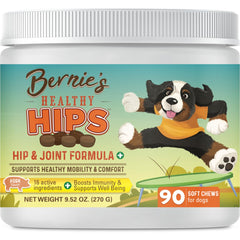 Bernie's frasco vertiendo suplemento para caderas de perros.
