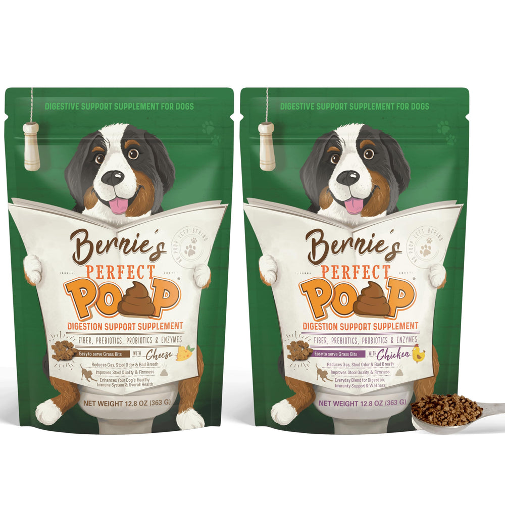 Bernie's Perfect Poop bolsa cheddar digestivo muestra el envase y apoyo digestivo para perros.